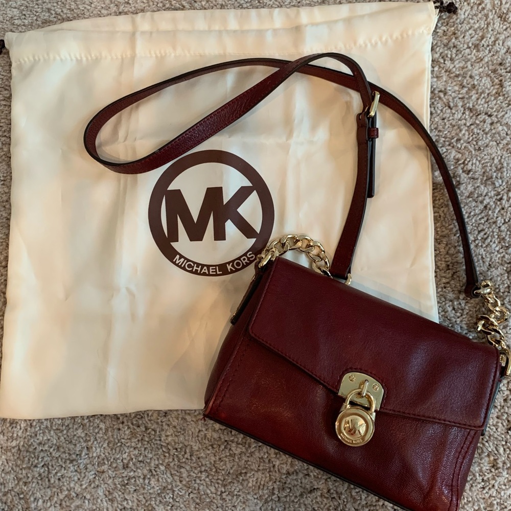 Michael Kors Red and Brown Crossbody Bag with Gold-Tone Hardware